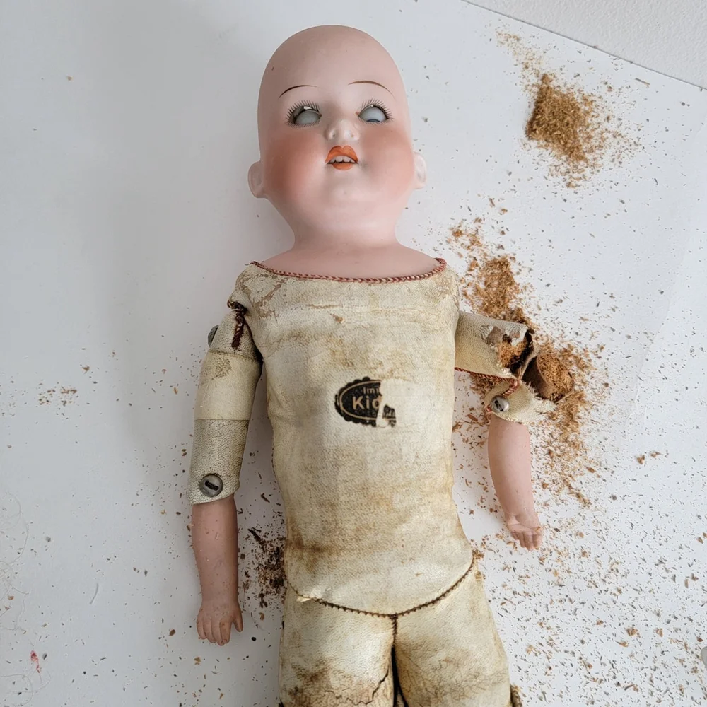Antique Doll German Bisque Jointed Leather Body Needs Repair Sleep Eyes Teeth
